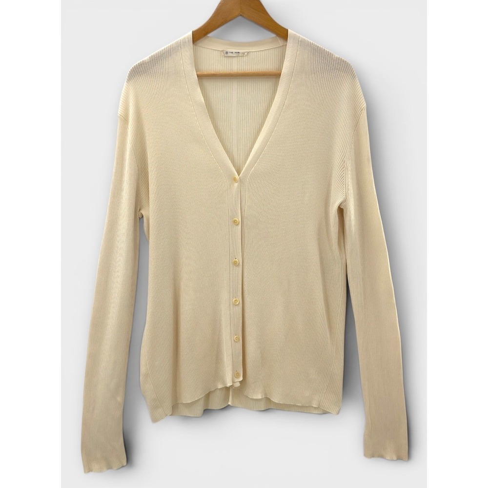 The Row 100% Shappe Silk Ivory Ribbed Cardigan Sweater Large Italy Quiet Luxury